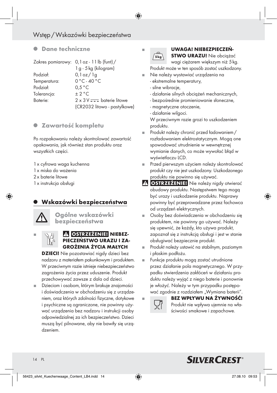 Wstęp / wskazówki bezpieczeństwa, Dane techniczne, Zawartość kompletu | Silvercrest H14271 H14271 User Manual | Page 14 / 59