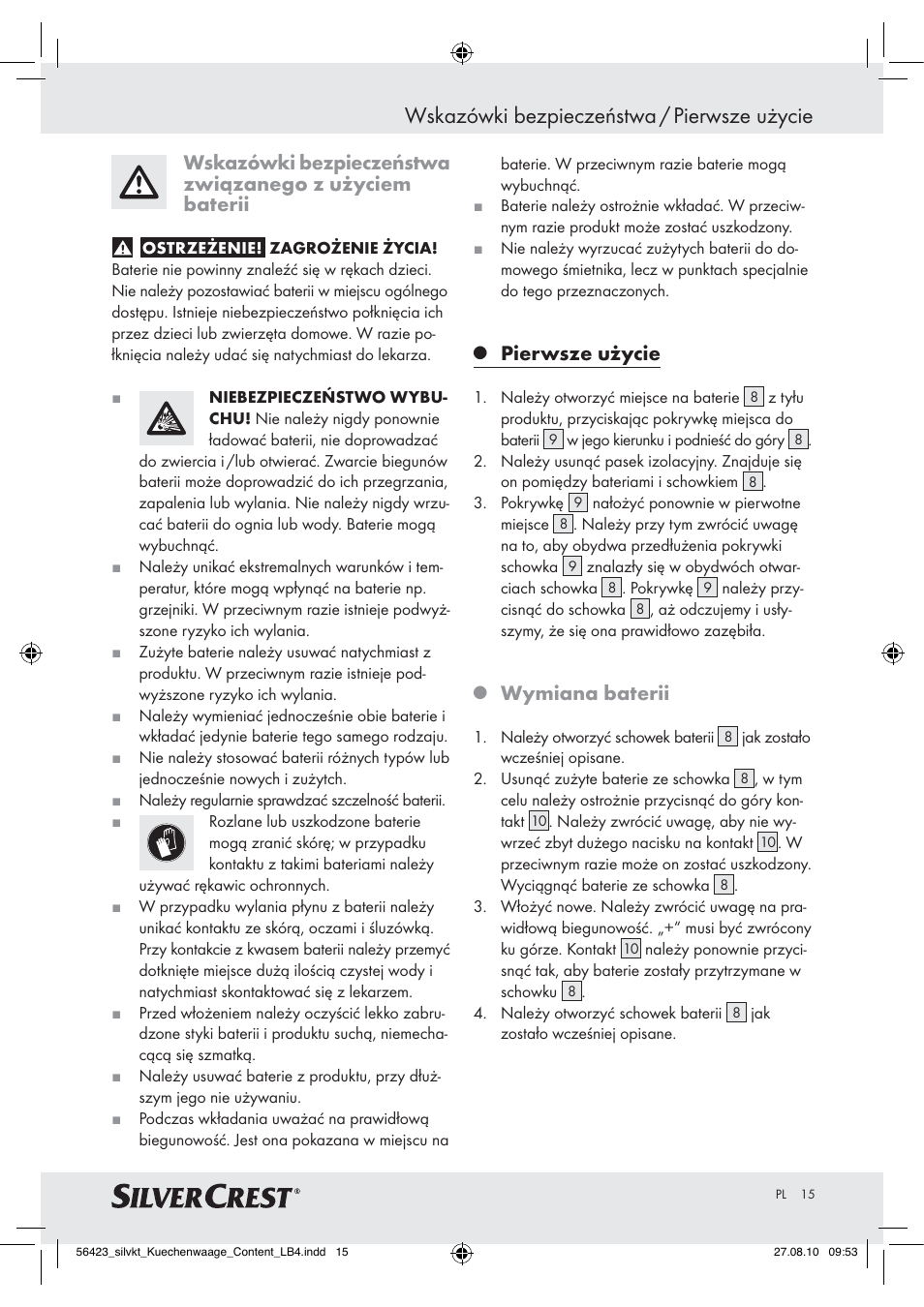 Wskazówki bezpieczeństwa / pierwsze użycie, Pierwsze użycie, Wymiana baterii | Silvercrest H14271 H14271 User Manual | Page 15 / 59