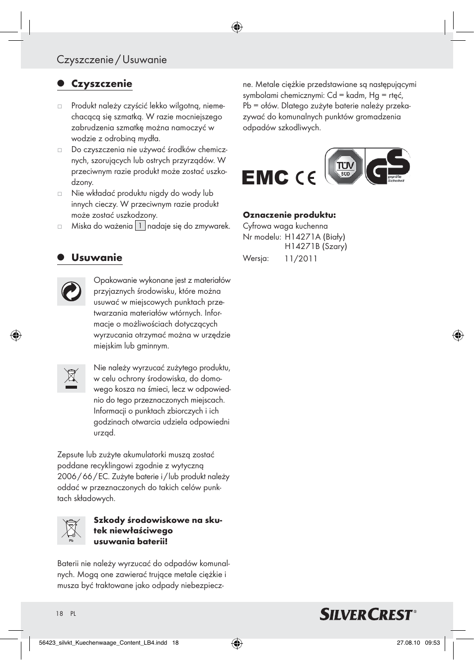 Czyszczenie / usuwanie, Czyszczenie, Usuwanie | Silvercrest H14271 H14271 User Manual | Page 18 / 59