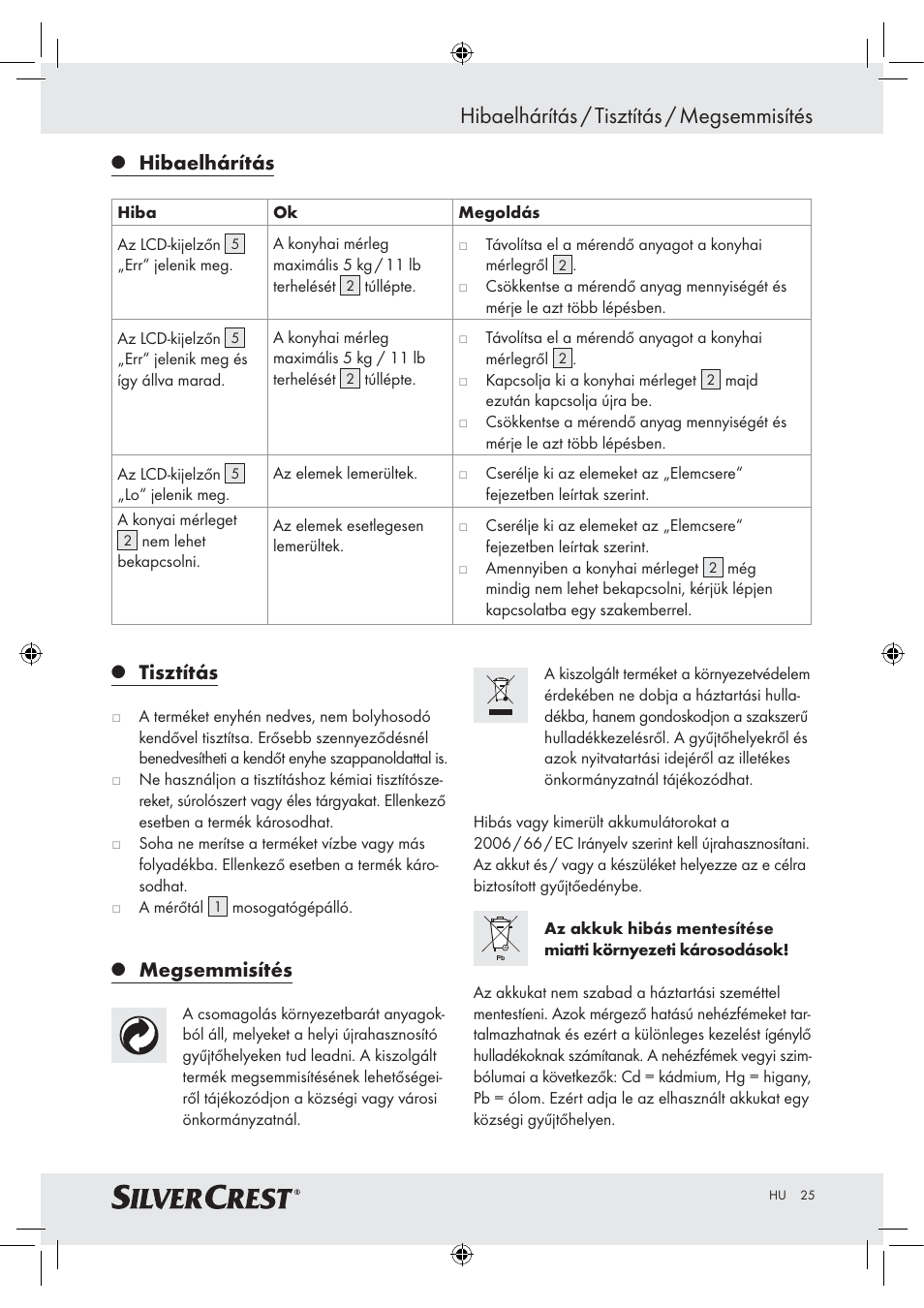 Hibaelhárítás / tisztítás / megsemmisítés, Hibaelhárítás, Tisztítás | Megsemmisítés | Silvercrest H14271 H14271 User Manual | Page 25 / 59