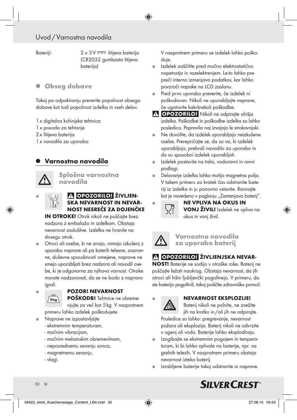 Uvod / varnostna navodila, Obseg dobave, Varnostna navodila splošna varnostna navodila | Varnostna navodila za uporabo baterij | Silvercrest H14271 H14271 User Manual | Page 30 / 59