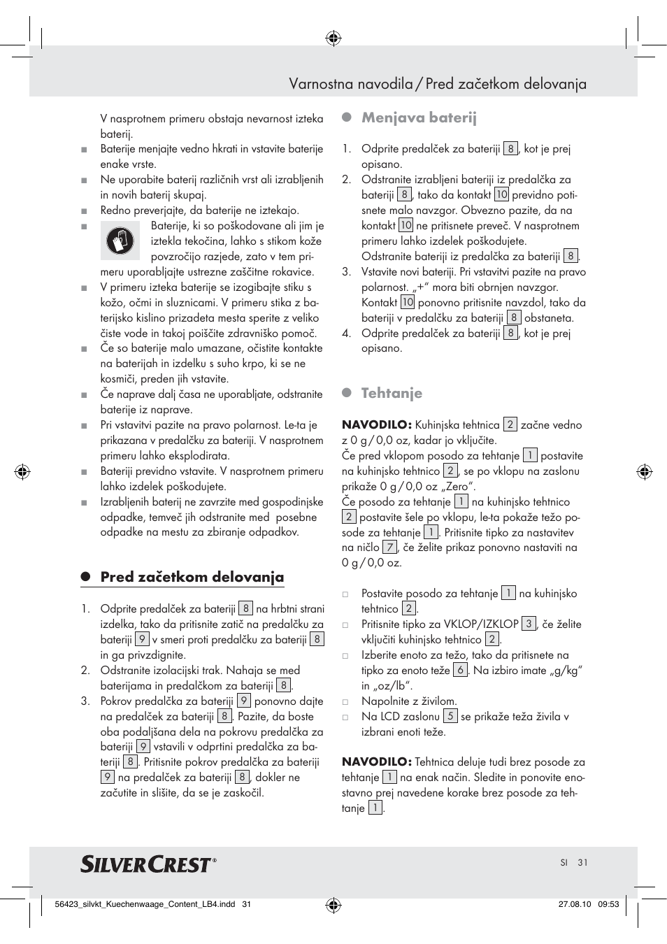 Varnostna navodila / pred začetkom delovanja, Pred začetkom delovanja, Menjava baterij | Tehtanje | Silvercrest H14271 H14271 User Manual | Page 31 / 59