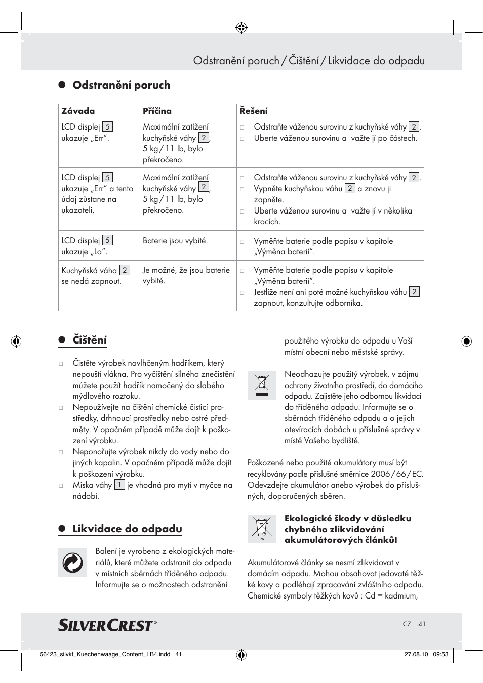 Odstranění poruch / čištění / likvidace do odpadu, Odstranění poruch, Čištění | Likvidace do odpadu | Silvercrest H14271 H14271 User Manual | Page 41 / 59