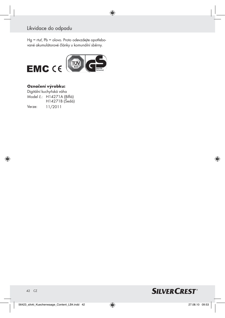 Likvidace do odpadu | Silvercrest H14271 H14271 User Manual | Page 42 / 59