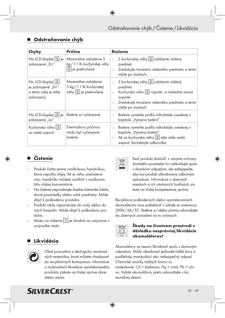Odstraňovanie chýb / čistenie / likvidácia, Odstraňovanie chýb, Čistenie | Likvidácia | Silvercrest H14271 H14271 User Manual | Page 49 / 59