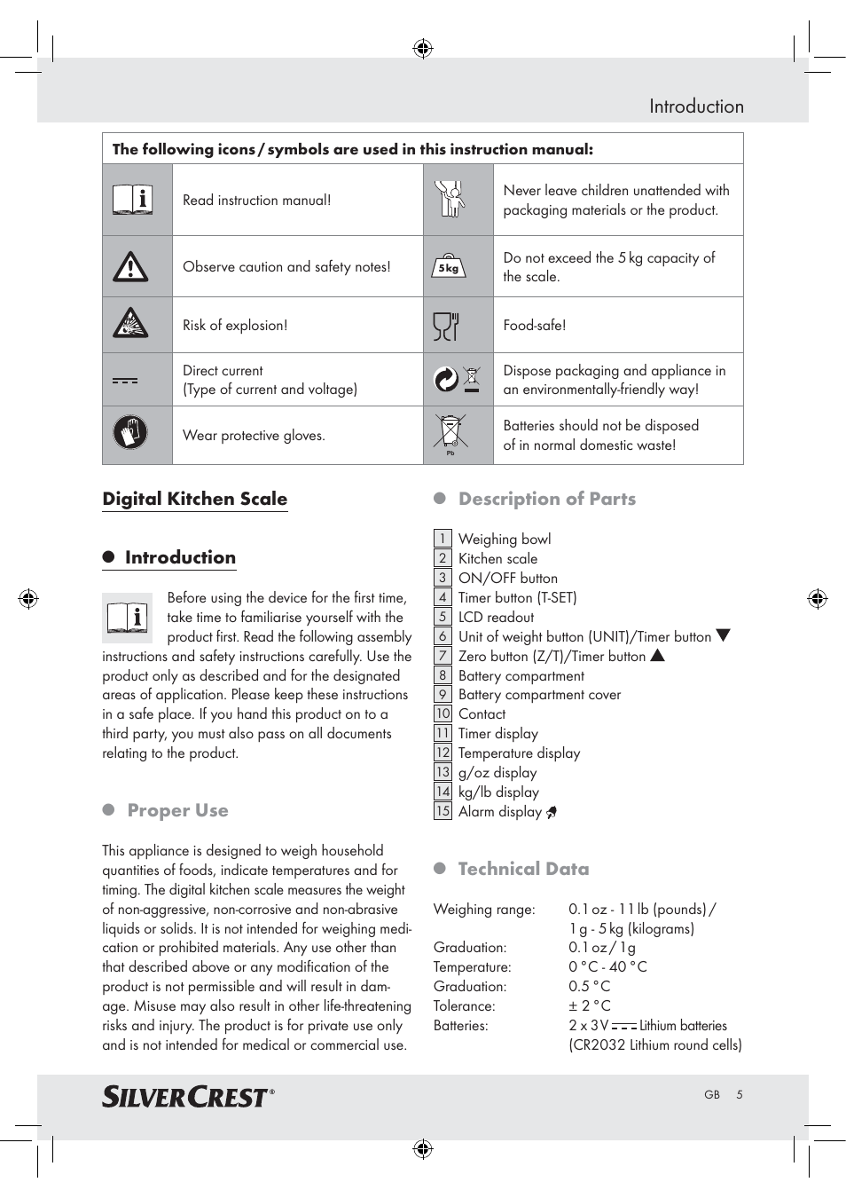 Introduction, Digital kitchen scale, Proper use | Description of parts, Technical data | Silvercrest H14271 H14271 User Manual | Page 5 / 59