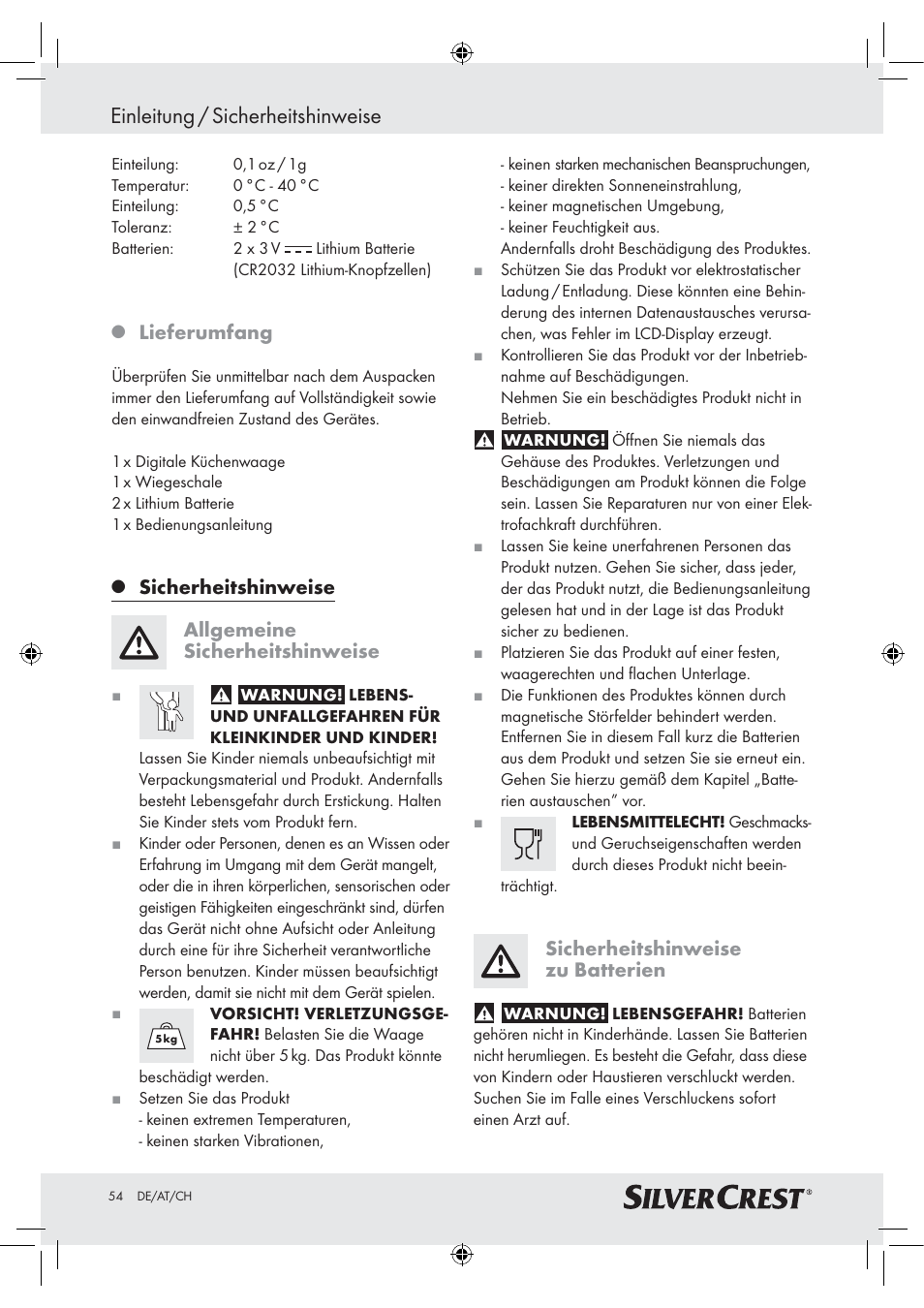 Einleitung / sicherheitshinweise, Lieferumfang, Sicherheitshinweise allgemeine sicherheitshinweise | Sicherheitshinweise zu batterien | Silvercrest H14271 H14271 User Manual | Page 54 / 59