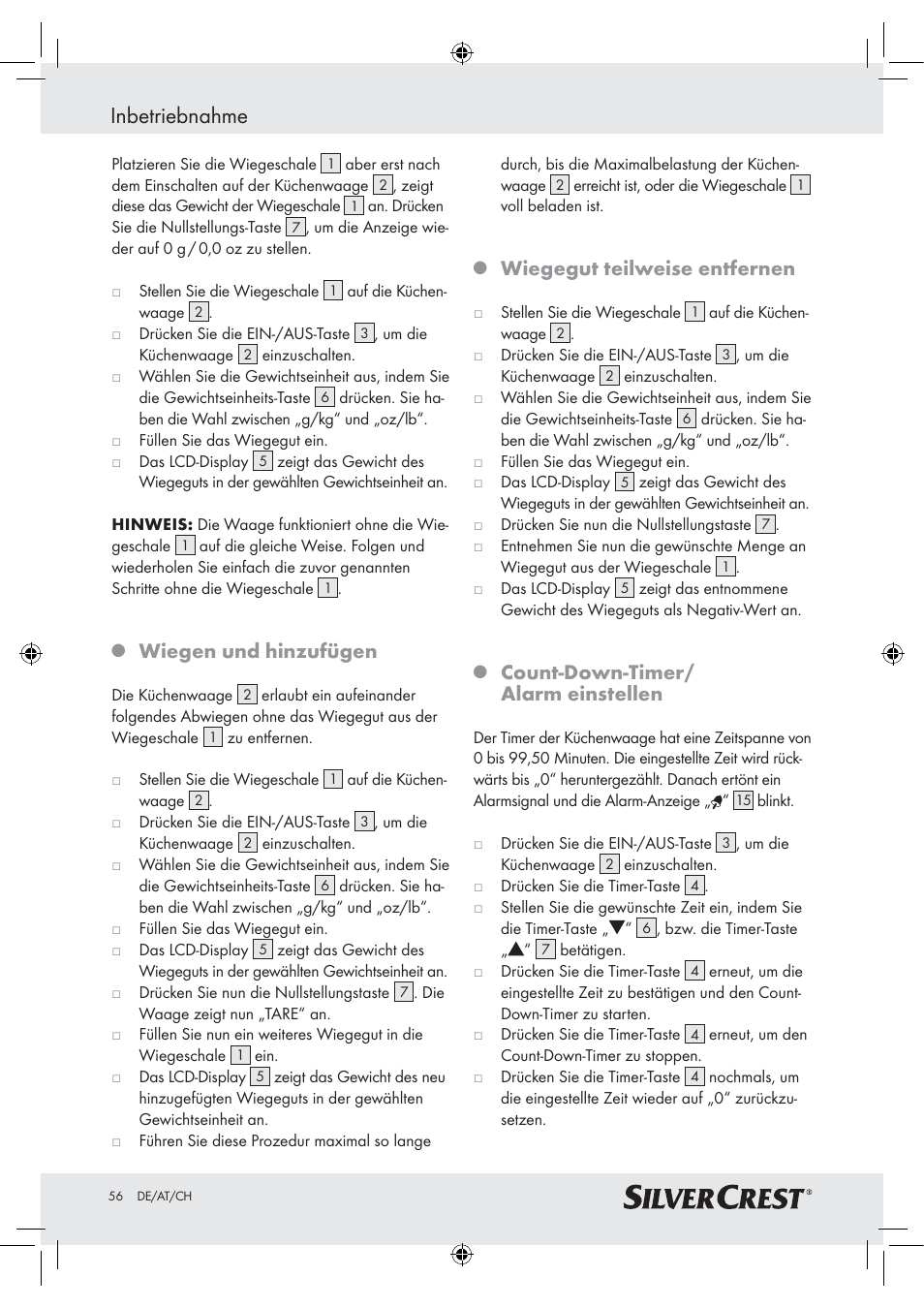 Inbetriebnahme, Wiegen und hinzufügen, Wiegegut teilweise entfernen | Count-down-timer/ alarm einstellen | Silvercrest H14271 H14271 User Manual | Page 56 / 59