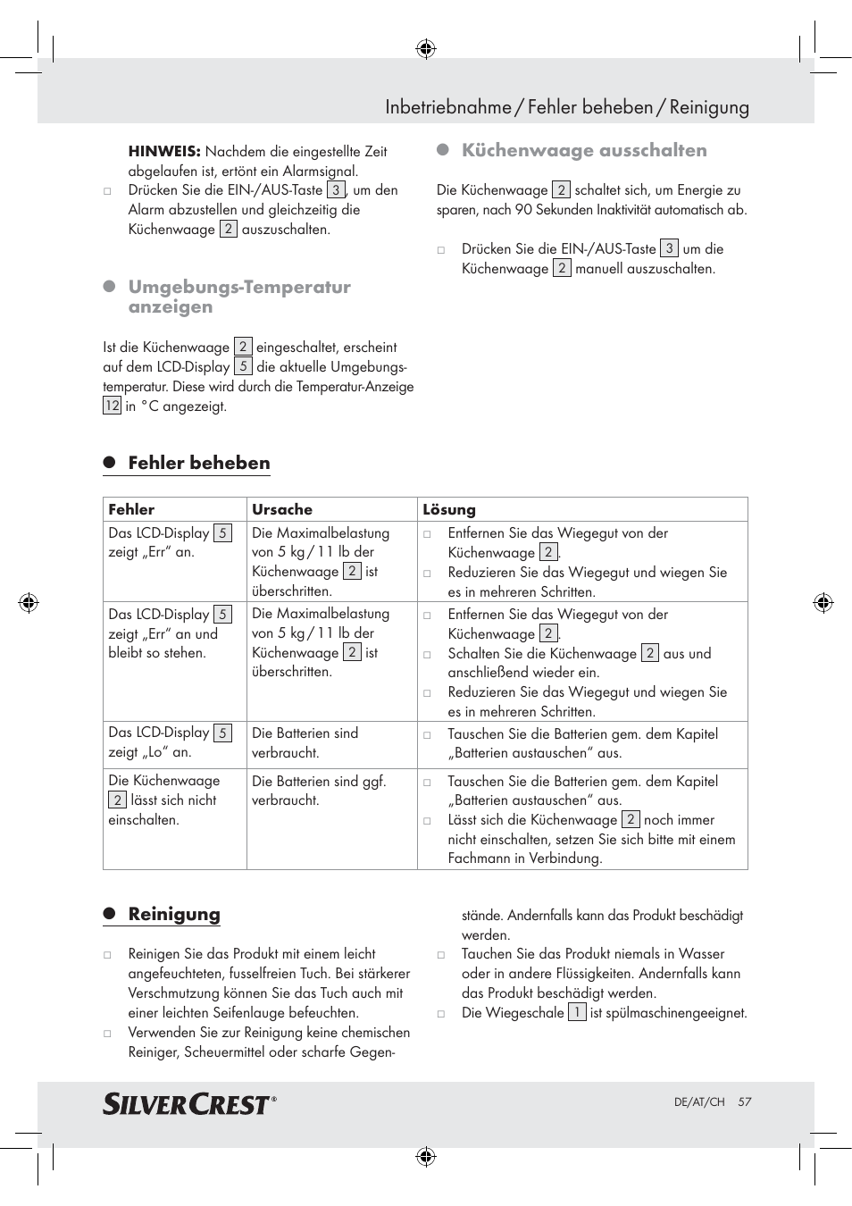Inbetriebnahme / fehler beheben / reinigung, Umgebungs-temperatur anzeigen, Küchenwaage ausschalten | Fehler beheben, Reinigung | Silvercrest H14271 H14271 User Manual | Page 57 / 59