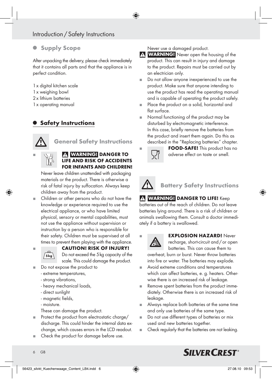 Introduction / safety instructions, Supply scope, Safety instructions general safety instructions | Battery safety instructions | Silvercrest H14271 H14271 User Manual | Page 6 / 59