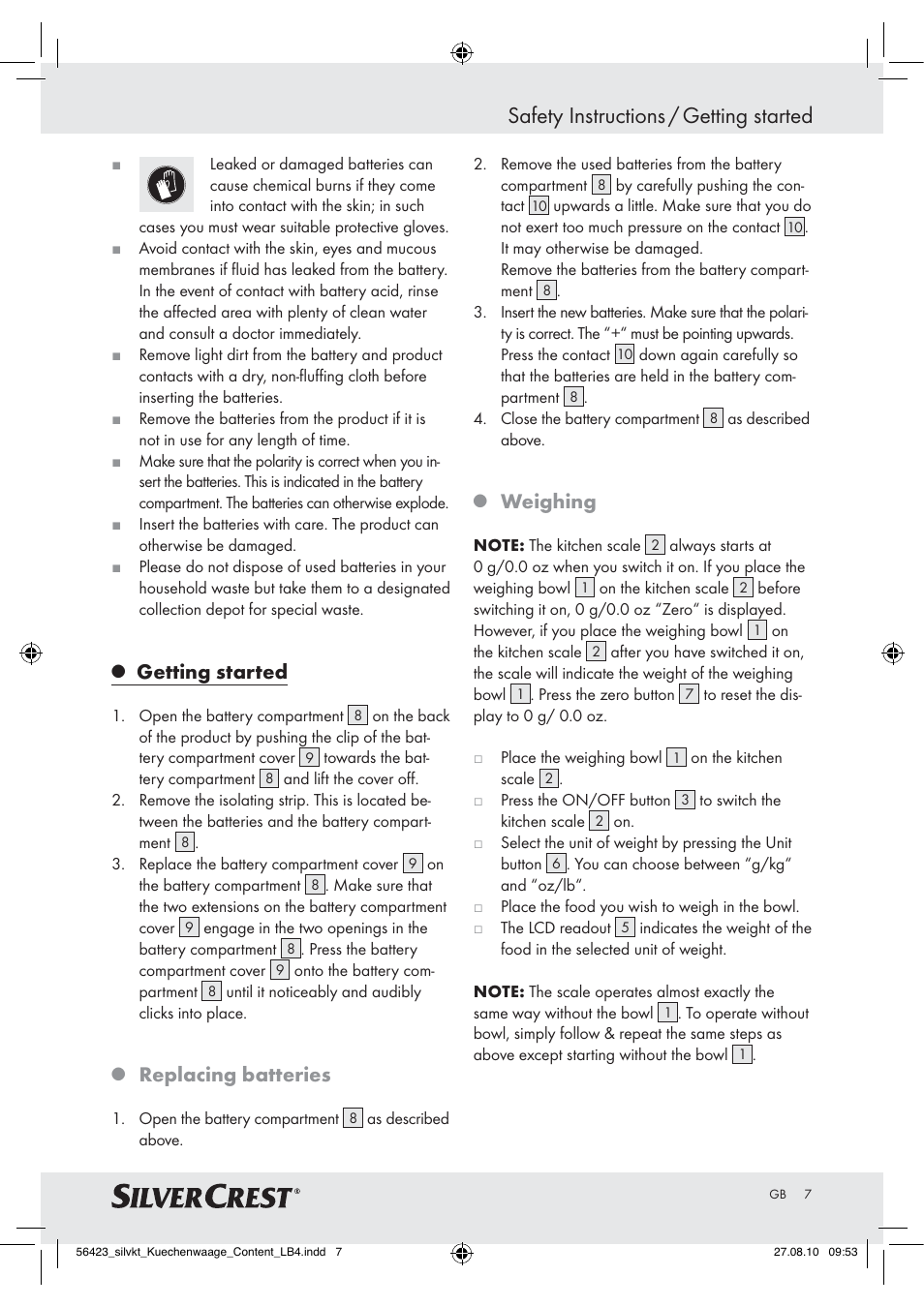 Safety instructions / getting started, Getting started, Replacing batteries | Weighing | Silvercrest H14271 H14271 User Manual | Page 7 / 59