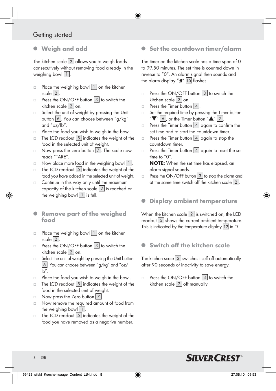 Getting started, Weigh and add, Remove part of the weighed food | Set the countdown timer/alarm, Display ambient temperature, Switch oﬀ the kitchen scale | Silvercrest H14271 H14271 User Manual | Page 8 / 59