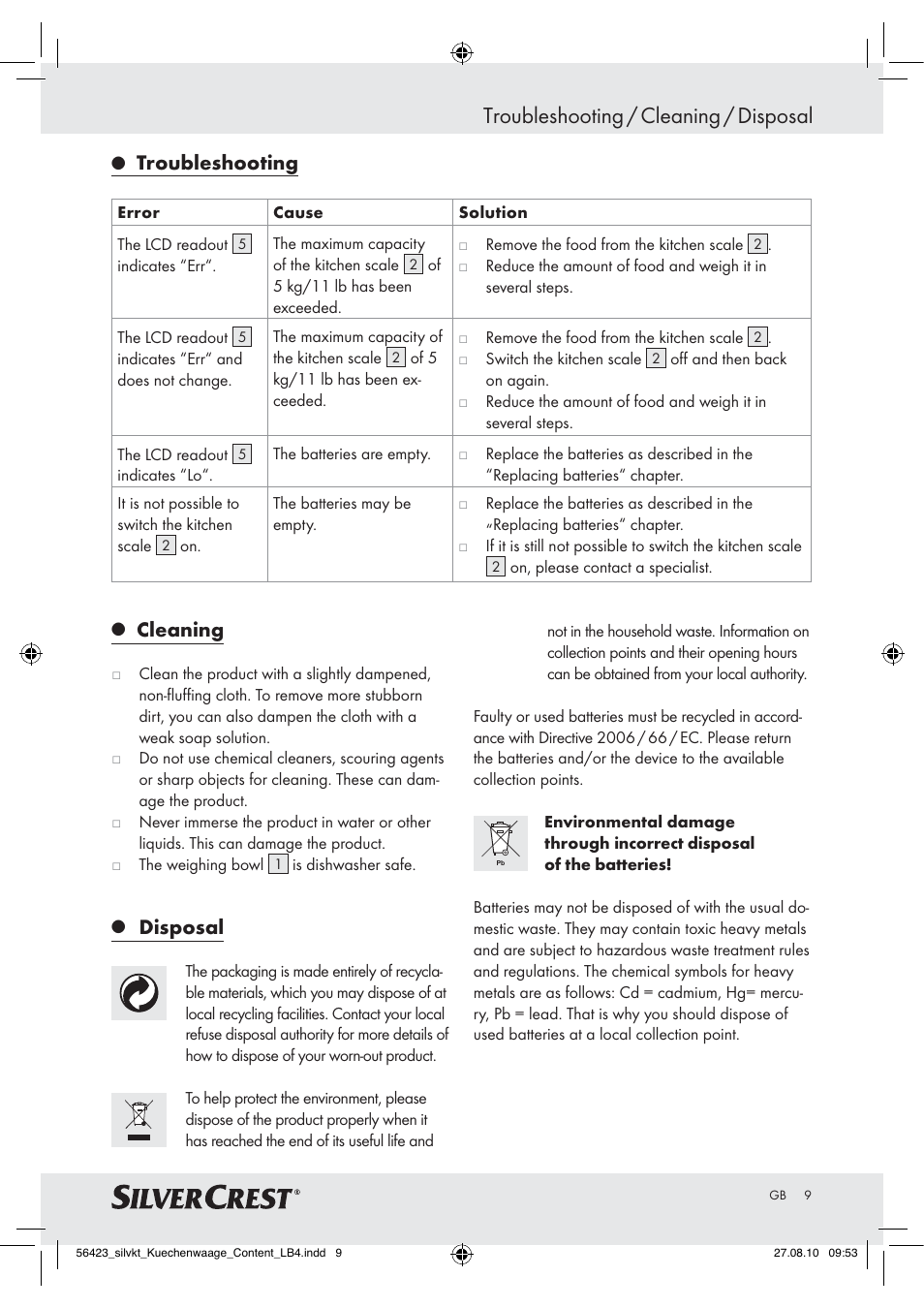 Troubleshooting / cleaning / disposal, Cleaning, Disposal | Troubleshooting | Silvercrest H14271 H14271 User Manual | Page 9 / 59