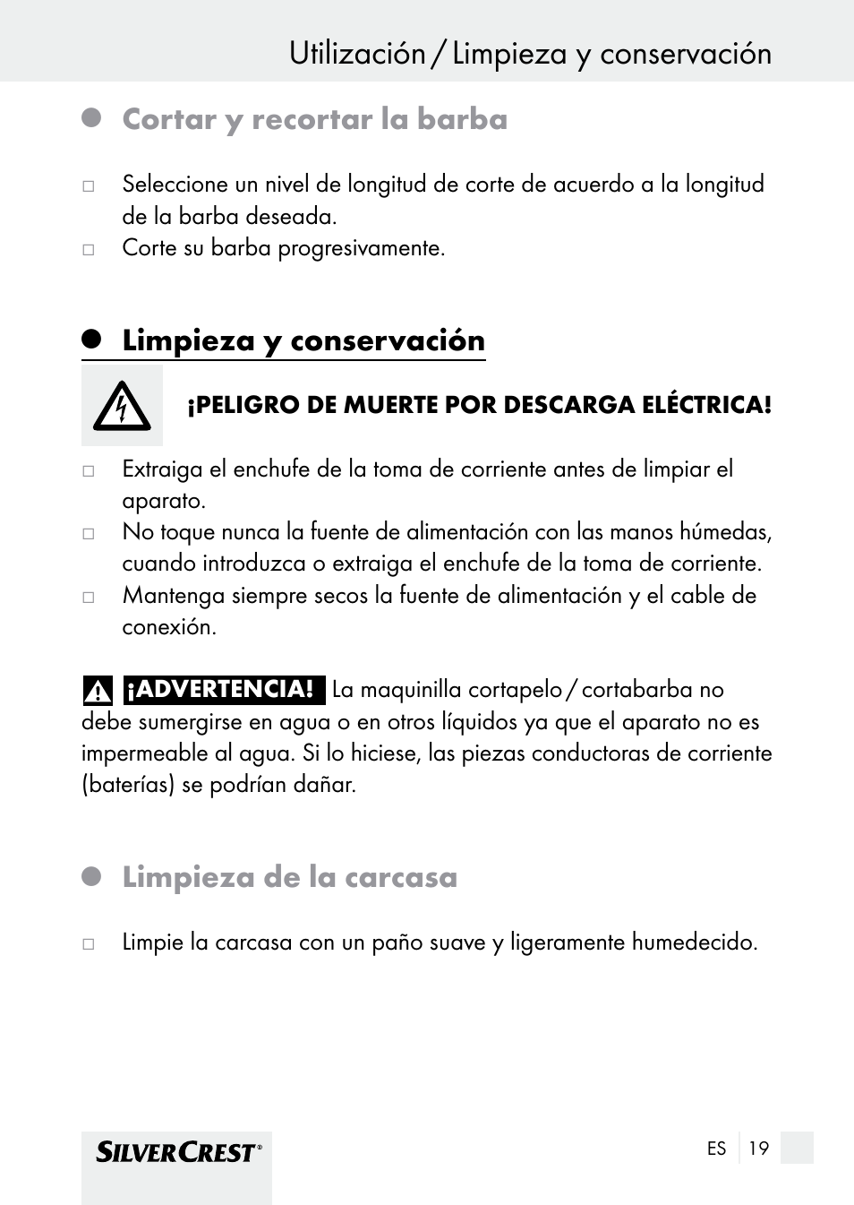 Utilización / limpieza y conservación, Cortar y recortar la barba, Limpieza y conservación | Limpieza de la carcasa | Silvercrest SHBS 1000 A1 User Manual | Page 19 / 101