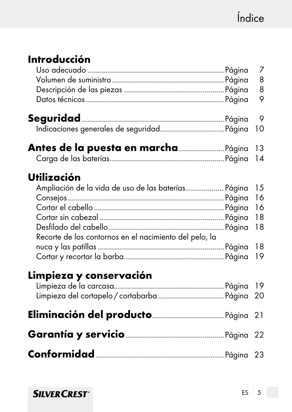 Índice, Introducción, Seguridad | Antes de la puesta en marcha, Utilización, Limpieza y conservación, Eliminación del producto, Garantía y servicio, Conformidad | Silvercrest SHBS 1000 A1 User Manual | Page 5 / 101
