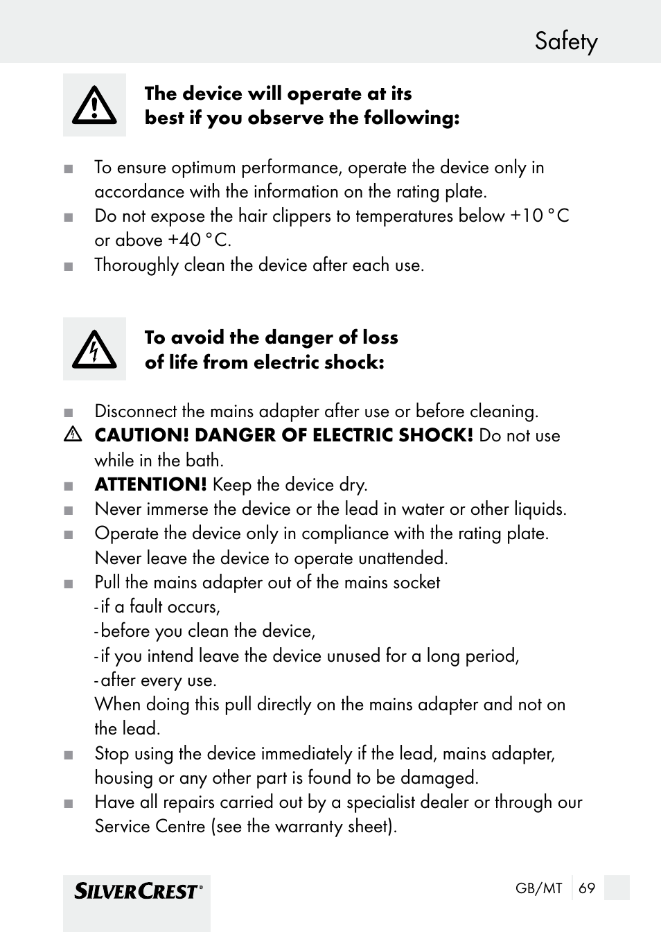 Safety | Silvercrest SHBS 1000 A1 User Manual | Page 69 / 101