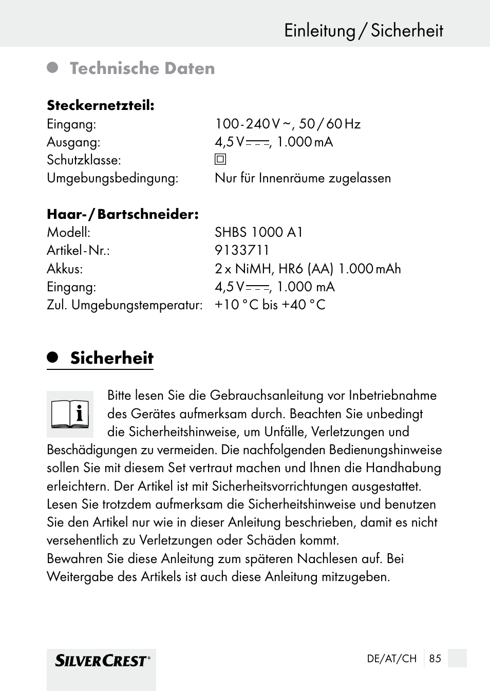 Einleitung / sicherheit, Technische daten, Sicherheit | Silvercrest SHBS 1000 A1 User Manual | Page 85 / 101
