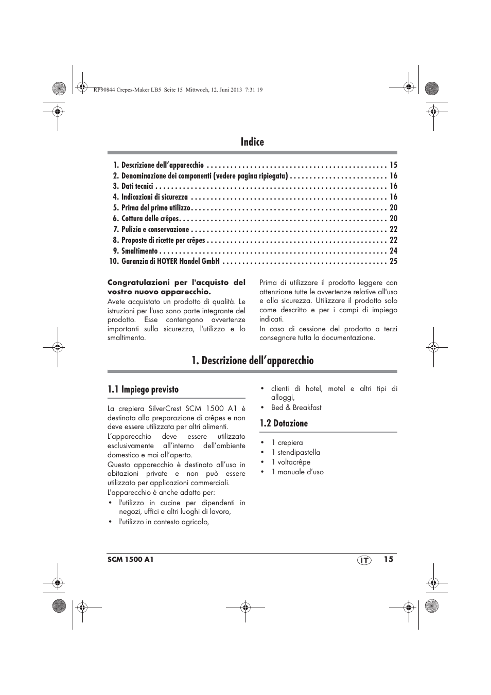 Indice, Descrizione dell’apparecchio | Silvercrest SCM 1500 A1 User Manual | Page 17 / 66