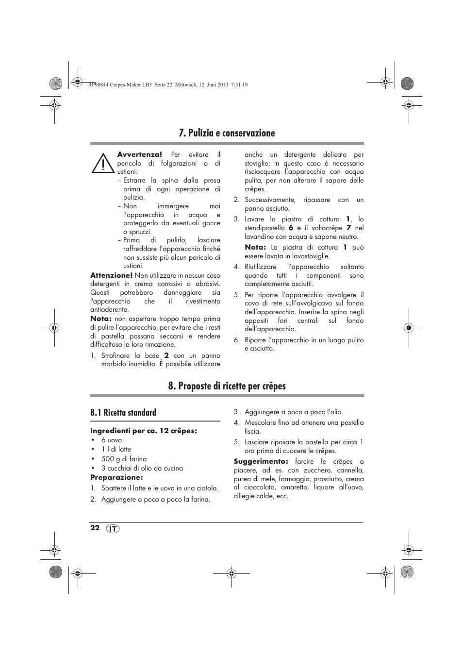 Pulizia e conservazione, Proposte di ricette per crêpes, 1 ricetta standard | Silvercrest SCM 1500 A1 User Manual | Page 24 / 66