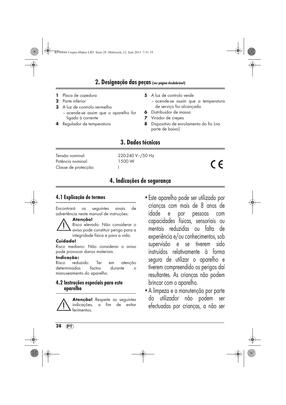 Designação das peças, Dados técnicos, Indicações de segurança | Silvercrest SCM 1500 A1 User Manual | Page 30 / 66