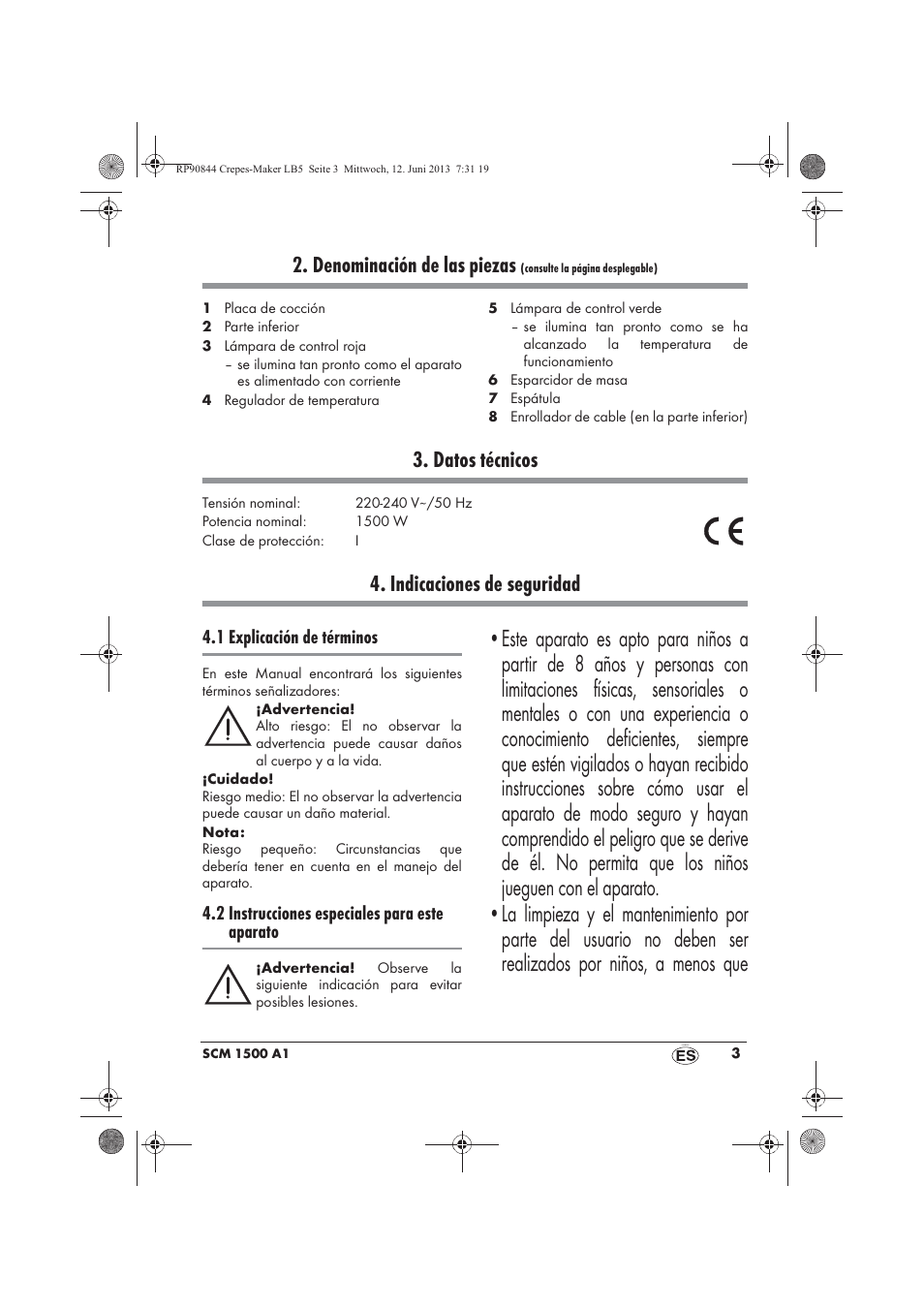 Denominación de las piezas, Datos técnicos, Indicaciones de seguridad | Silvercrest SCM 1500 A1 User Manual | Page 5 / 66