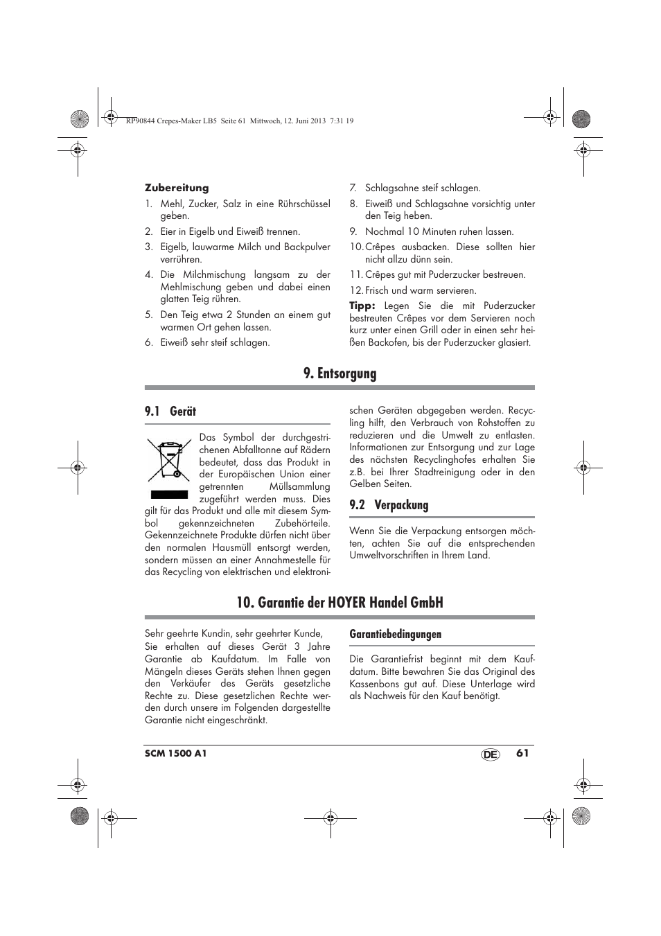 Entsorgung, Garantie der hoyer handel gmbh, 1 gerät | 2 verpackung | Silvercrest SCM 1500 A1 User Manual | Page 63 / 66