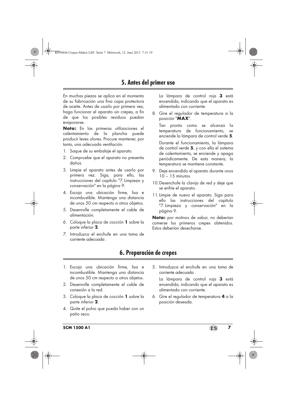 Antes del primer uso, Preparación de crepes | Silvercrest SCM 1500 A1 User Manual | Page 9 / 66