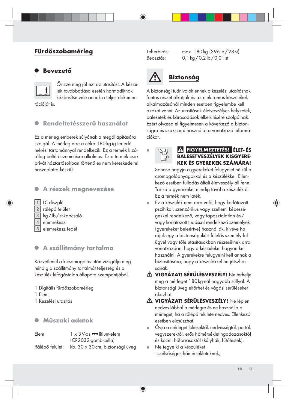 Fürdőszobamérleg, Bevezető, Rendeltetésszerű használat | A részek megnevezése, A szállítmány tartalma, Műszaki adatok, Biztonság | Silvercrest Z30936 User Manual | Page 13 / 33