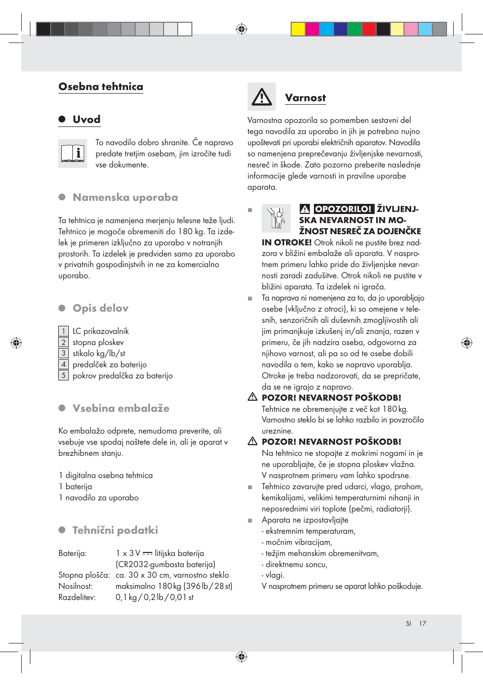Osebna tehtnica, Uvod, Namenska uporaba | Opis delov, Vsebina embalaže, Tehnični podatki, Varnost | Silvercrest Z30936 User Manual | Page 17 / 33