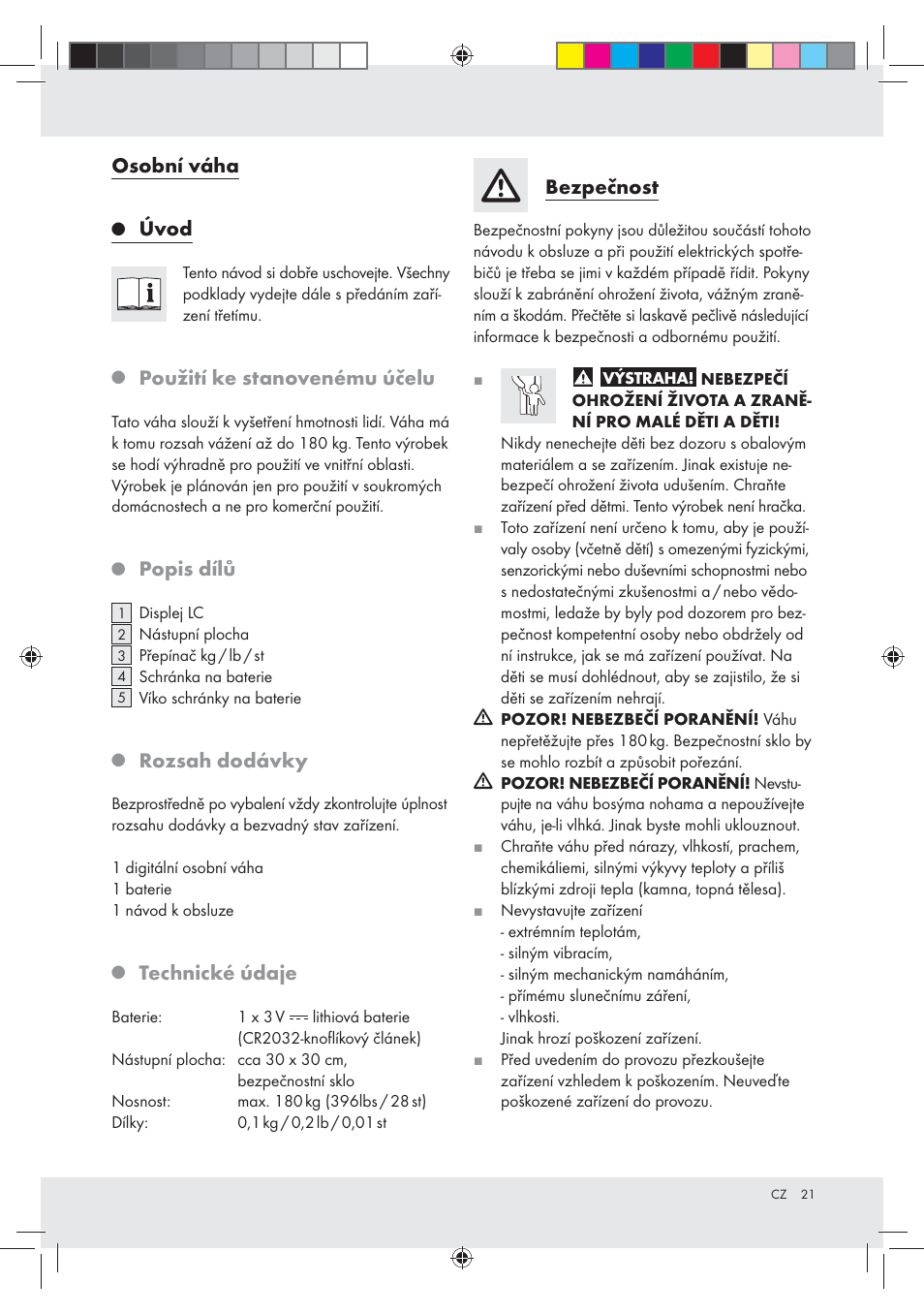 Osobní váha, Úvod, Použití ke stanovenému účelu | Popis dílů, Rozsah dodávky, Technické údaje, Bezpečnost | Silvercrest Z30936 User Manual | Page 21 / 33