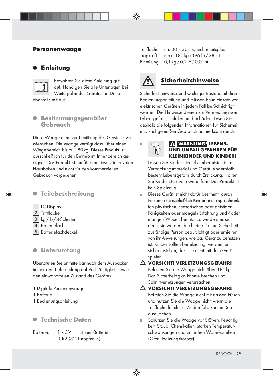 Personenwaage, Einleitung, Bestimmungsgemäßer gebrauch | Teilebeschreibung, Lieferumfang, Technische daten, Sicherheitshinweise | Silvercrest Z30936 User Manual | Page 29 / 33