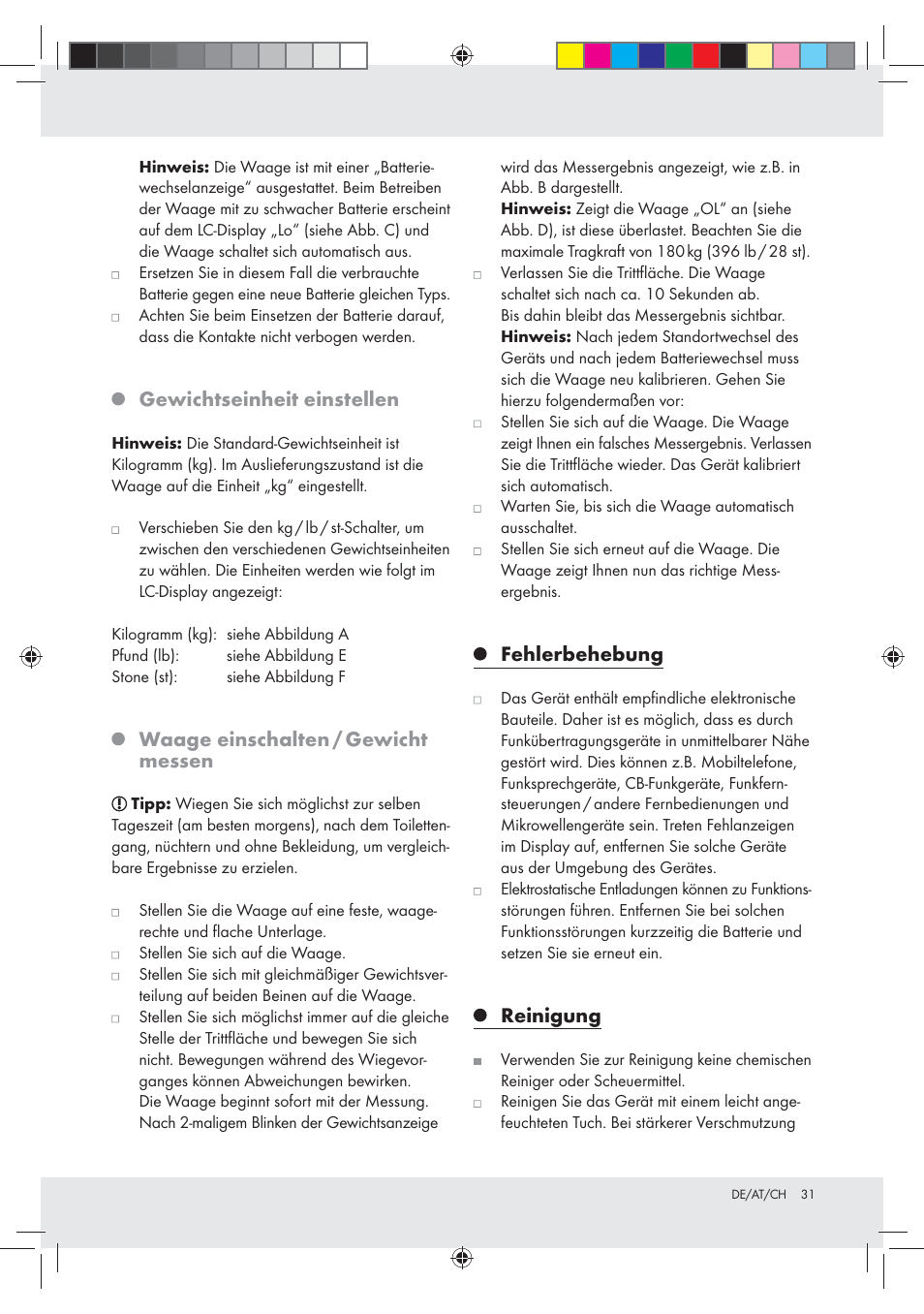 Gewichtseinheit einstellen, Waage einschalten / gewicht messen, Fehlerbehebung | Reinigung | Silvercrest Z30936 User Manual | Page 31 / 33