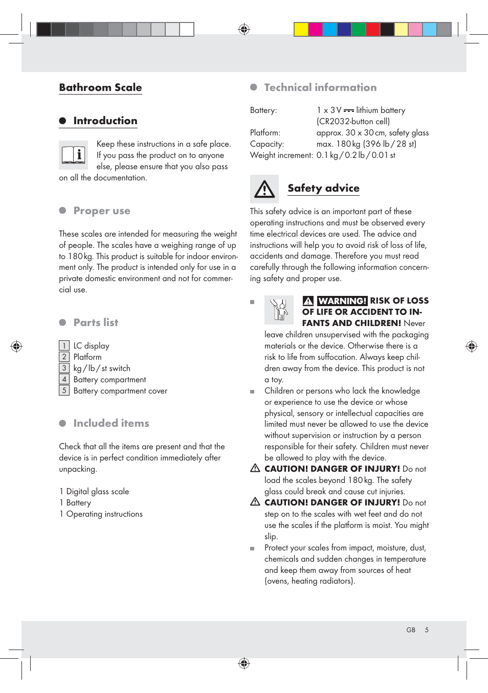 Bathroom scale, Introduction, Proper use | Parts list, Included items, Technical information, Safety advice | Silvercrest Z30936 User Manual | Page 5 / 33