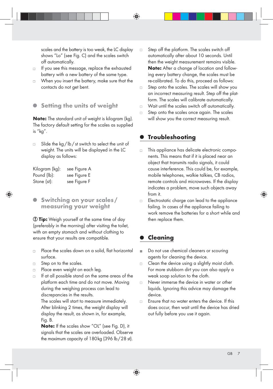 Setting the units of weight, Switching on your scales / measuring your weight, Troubleshooting | Cleaning | Silvercrest Z30936 User Manual | Page 7 / 33