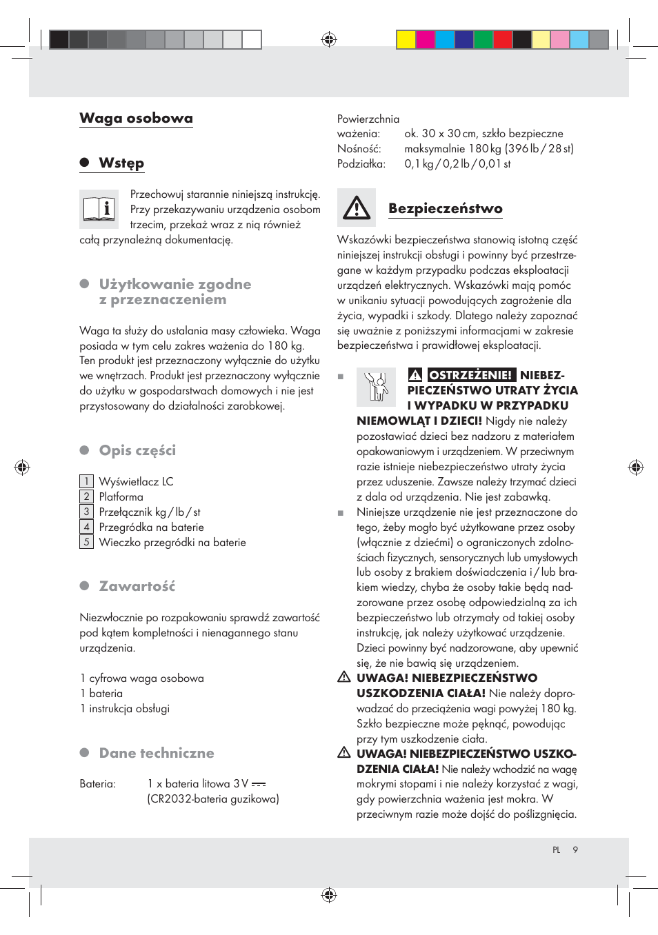 Waga osobowa, Wstęp, Użytkowanie zgodne z przeznaczeniem | Opis części, Zawartość, Dane techniczne, Bezpieczeństwo | Silvercrest Z30936 User Manual | Page 9 / 33