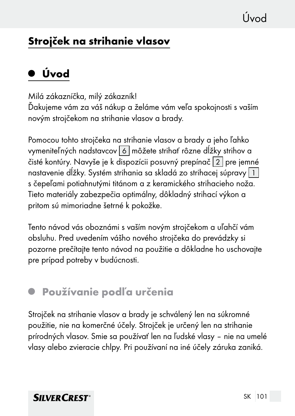 Úvod, Strojček na strihanie vlasov, Používanie podľa určenia | Silvercrest SHBS 1000 A1 User Manual | Page 101 / 137