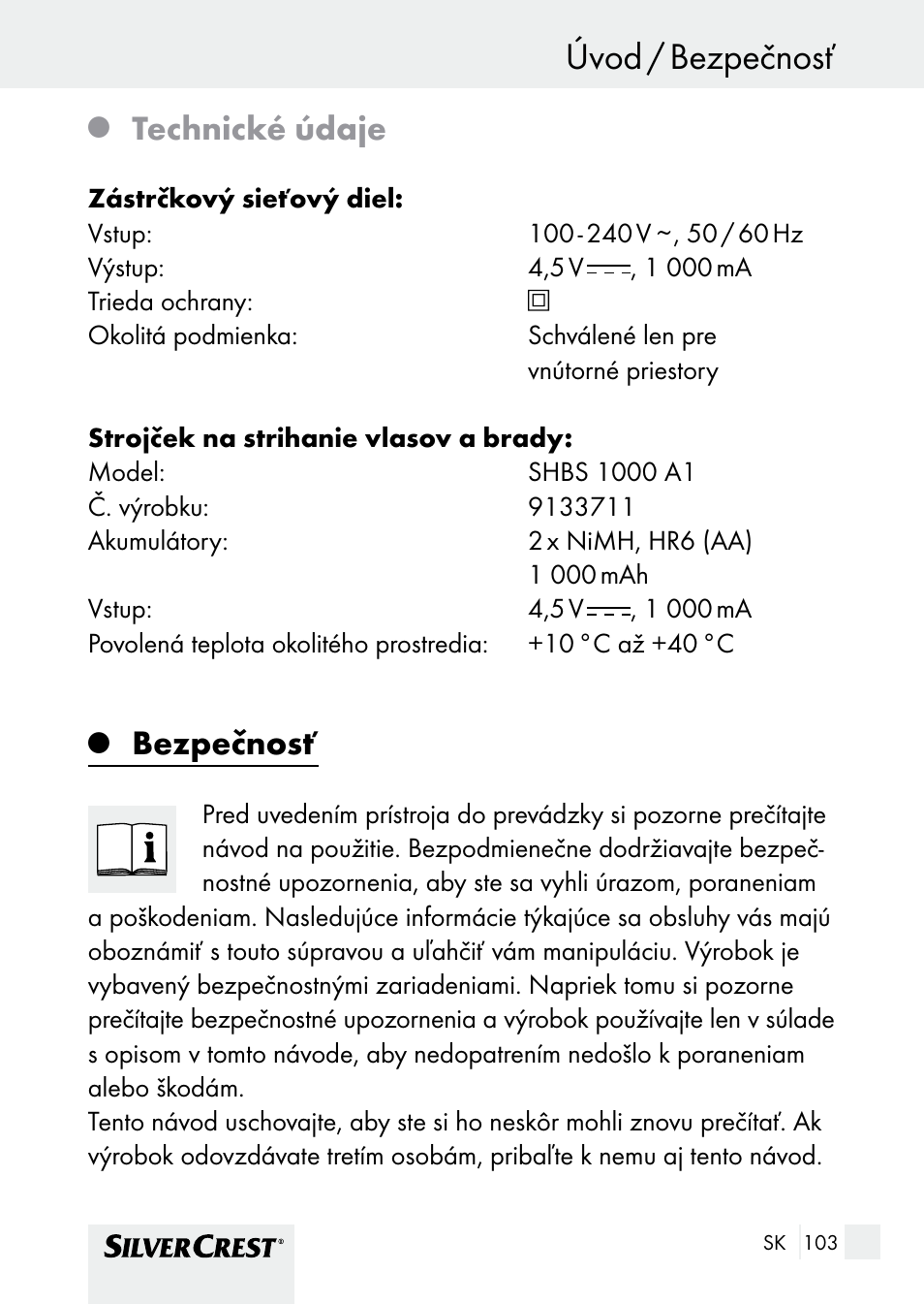 Úvod / bezpečnosť, Technické údaje, Bezpečnosť | Silvercrest SHBS 1000 A1 User Manual | Page 103 / 137