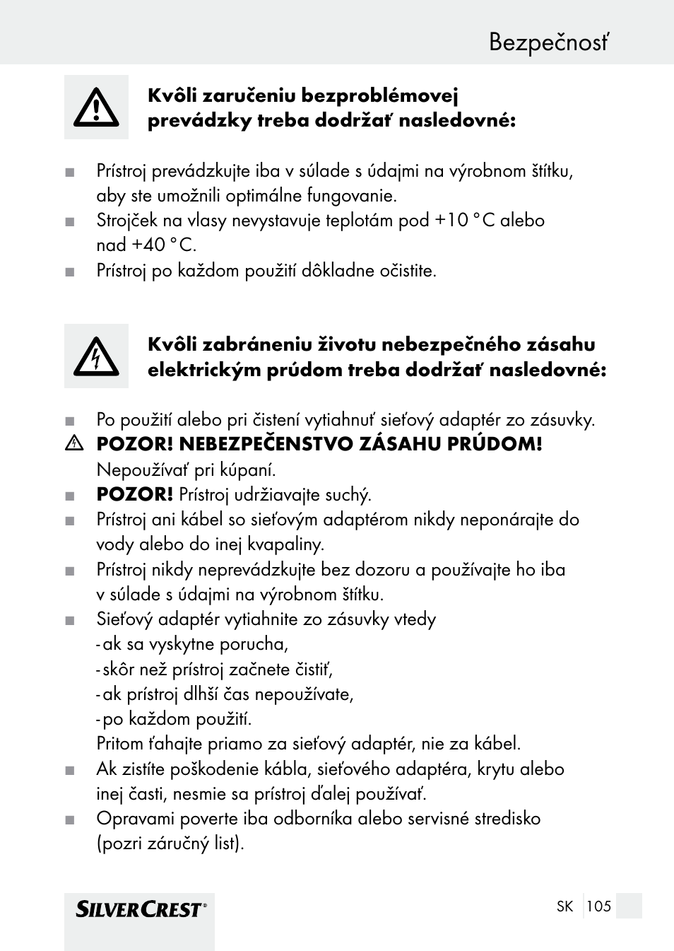 Bezpečnosť | Silvercrest SHBS 1000 A1 User Manual | Page 105 / 137