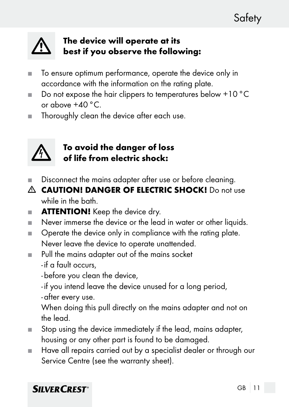 Safety | Silvercrest SHBS 1000 A1 User Manual | Page 11 / 137