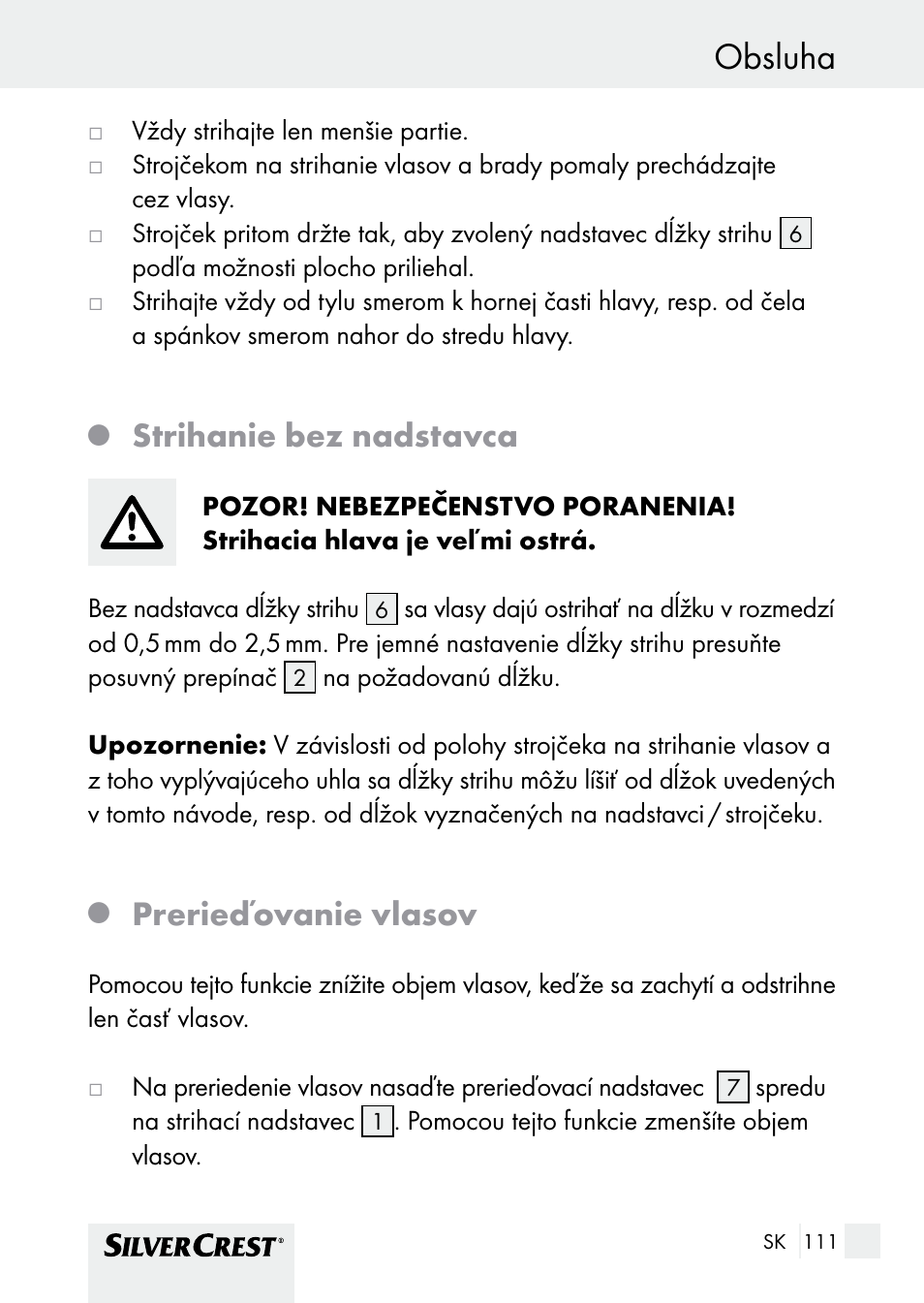 Obsluha, Strihanie bez nadstavca, Prerieďovanie vlasov | Silvercrest SHBS 1000 A1 User Manual | Page 111 / 137