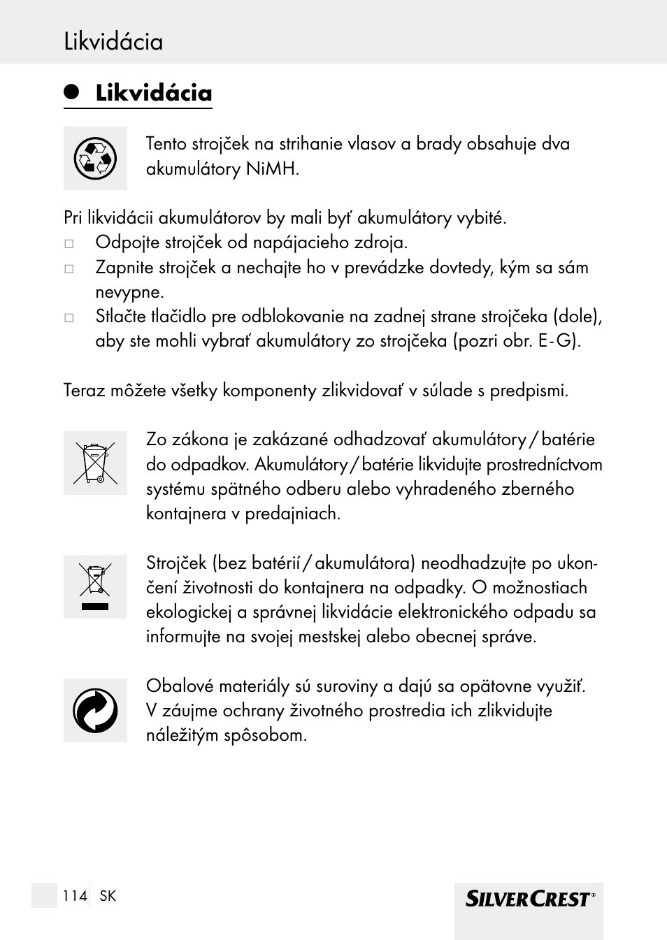 Likvidácia | Silvercrest SHBS 1000 A1 User Manual | Page 114 / 137