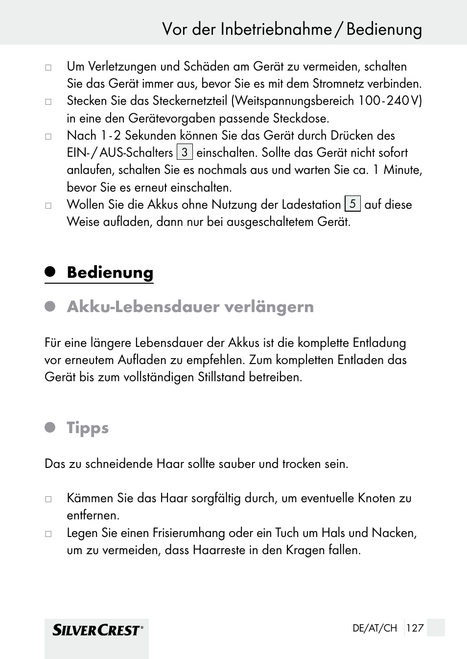 Vor der inbetriebnahme / bedienung, Bedienung, Akku-lebensdauer verlängern | Tipps | Silvercrest SHBS 1000 A1 User Manual | Page 127 / 137