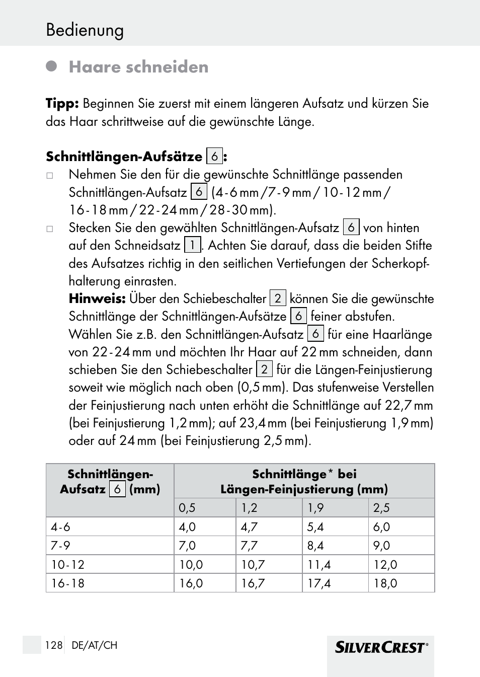 Bedienung, Haare schneiden | Silvercrest SHBS 1000 A1 User Manual | Page 128 / 137