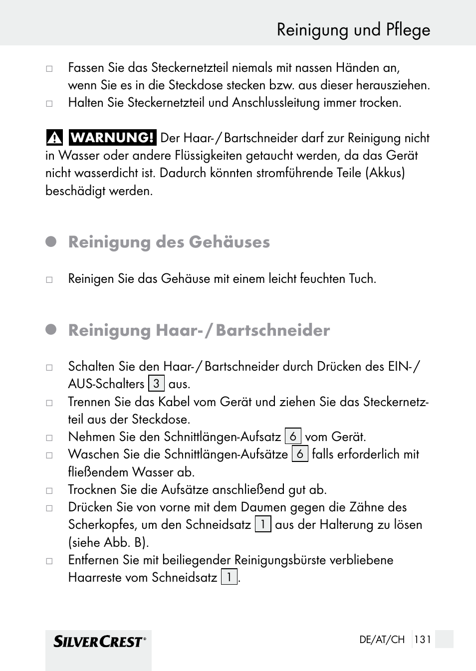 Reinigung und pflege, Reinigung des gehäuses, Reinigung haar- / bartschneider | Silvercrest SHBS 1000 A1 User Manual | Page 131 / 137