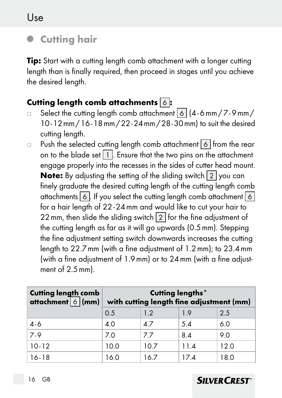 Cutting hair | Silvercrest SHBS 1000 A1 User Manual | Page 16 / 137