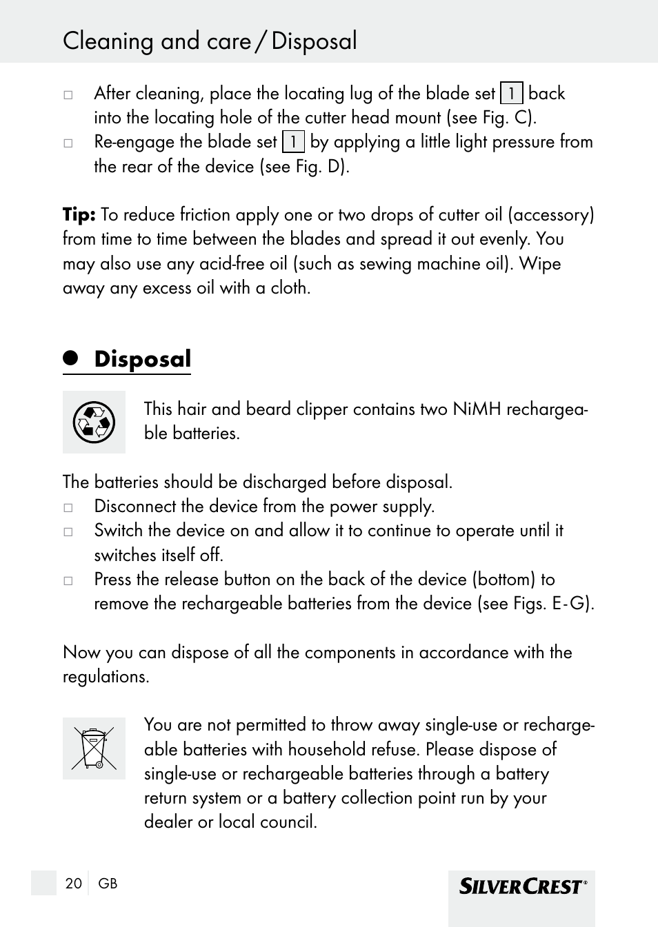 Cleaning and care / disposal, Disposal | Silvercrest SHBS 1000 A1 User Manual | Page 20 / 137