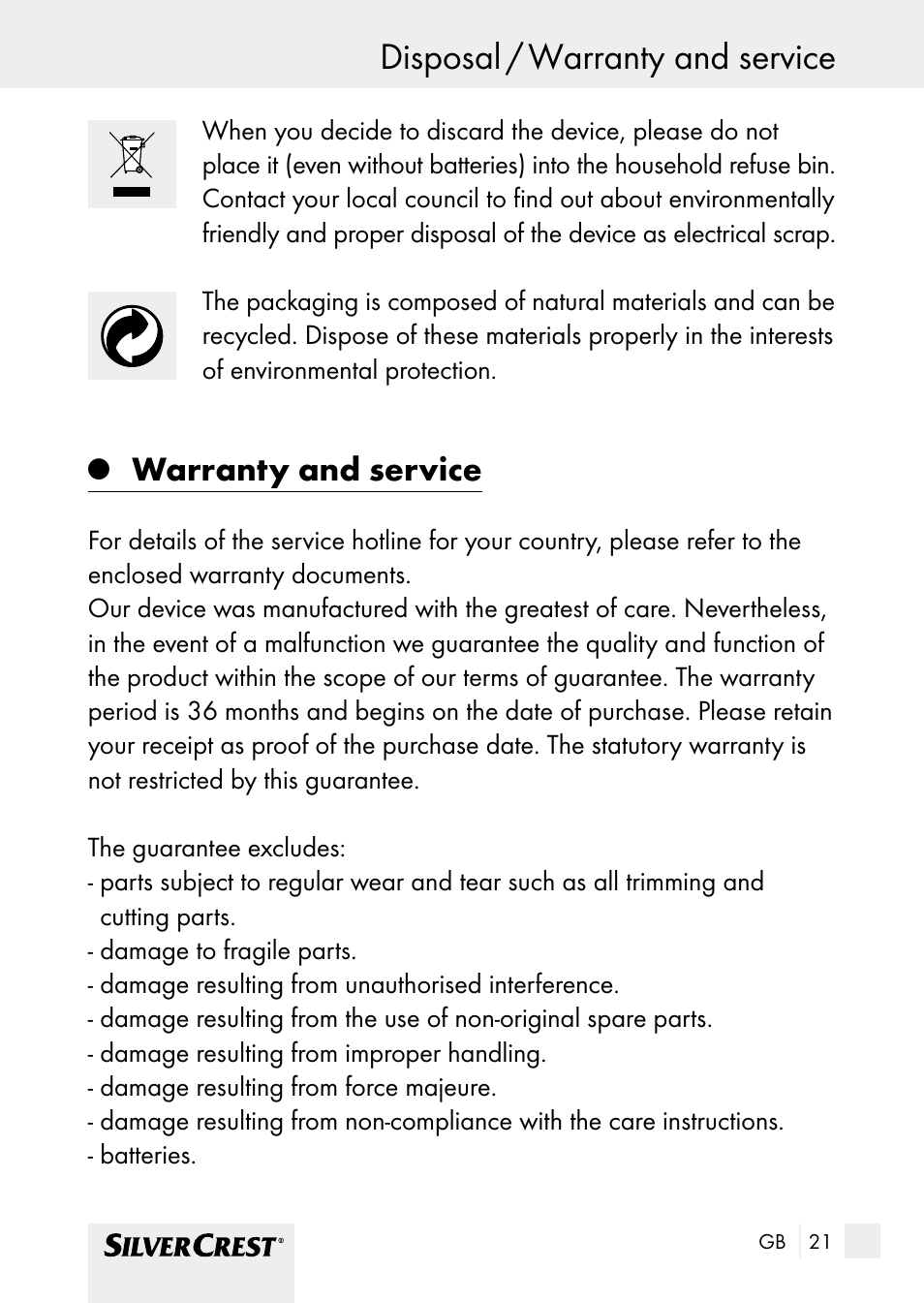 Disposal / warranty and service, Warranty and service | Silvercrest SHBS 1000 A1 User Manual | Page 21 / 137