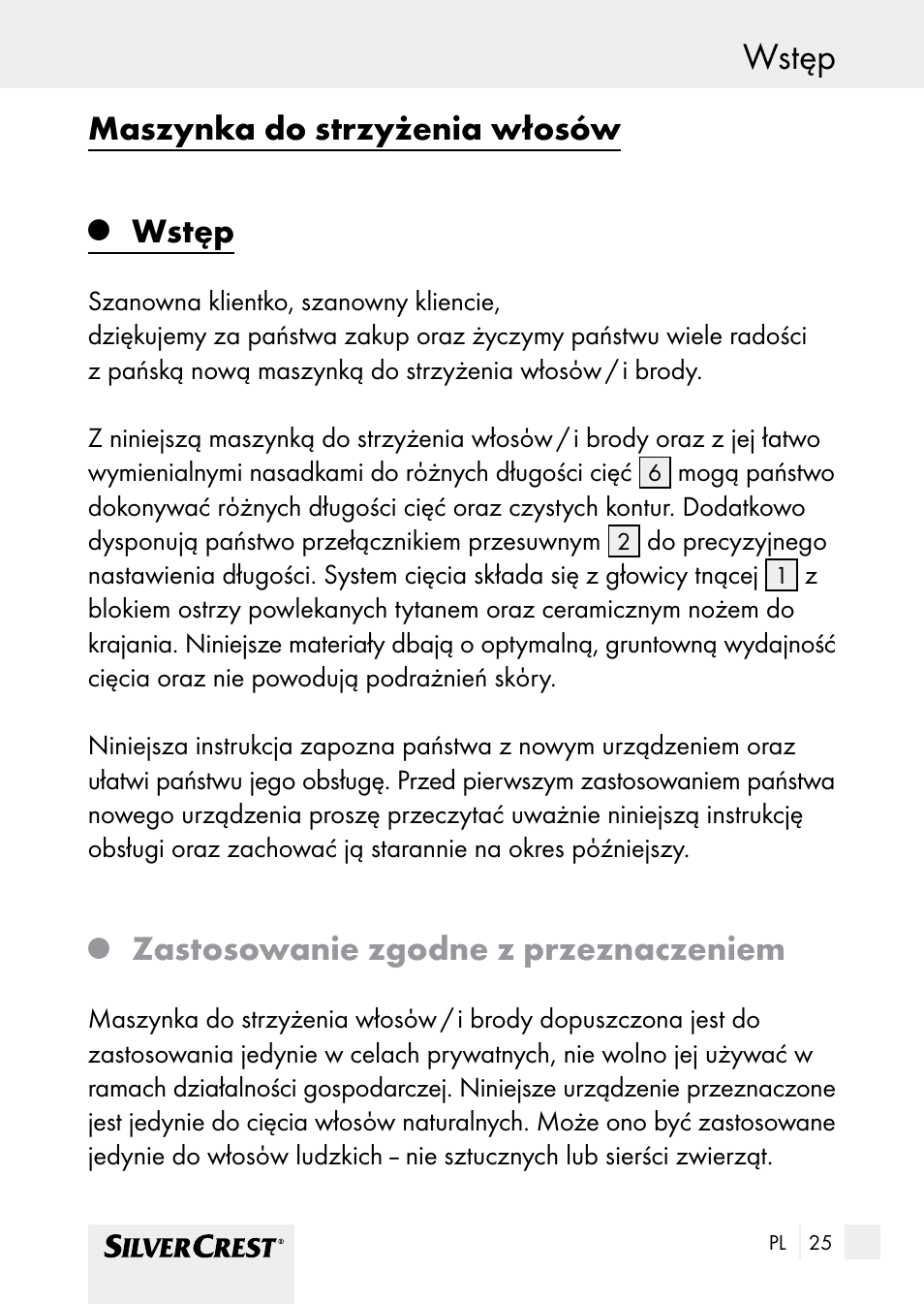 Wstęp, Maszynka do strzyżenia włosów, Zastosowanie zgodne z przeznaczeniem | Silvercrest SHBS 1000 A1 User Manual | Page 25 / 137
