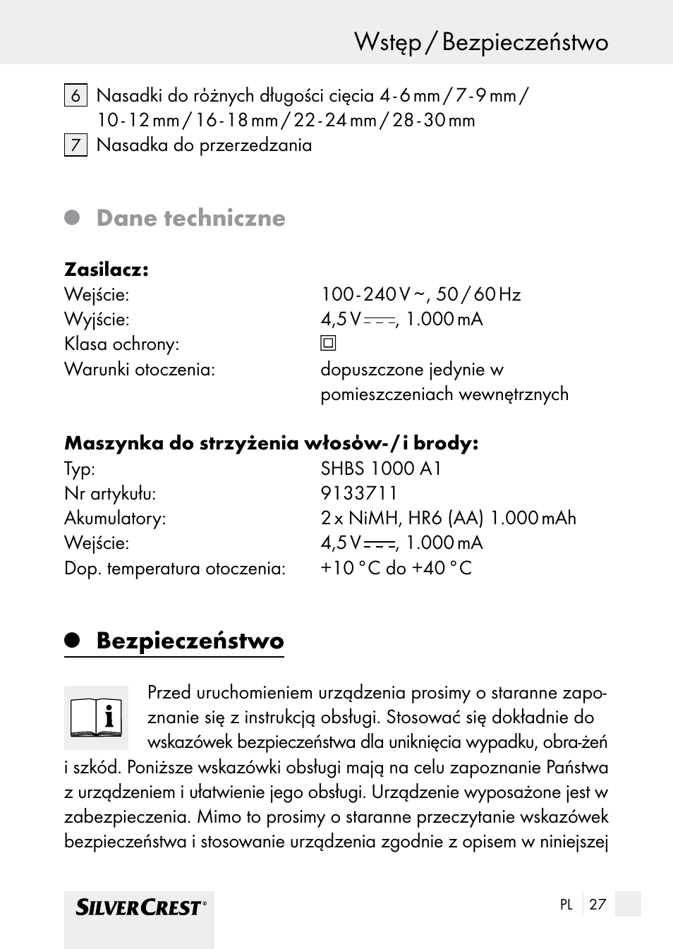 Wstęp / bezpieczeństwo, Dane techniczne, Bezpieczeństwo | Silvercrest SHBS 1000 A1 User Manual | Page 27 / 137