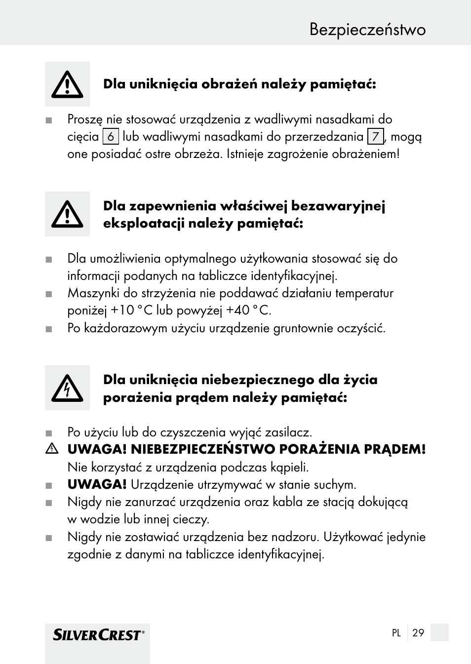 Bezpieczeństwo | Silvercrest SHBS 1000 A1 User Manual | Page 29 / 137